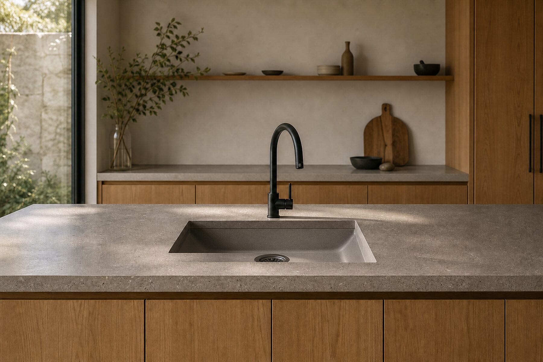 Mesón de cocina con acabado de resina epoxi mineral, mobiliario de madera y grifería negra montada sobre la superficie.