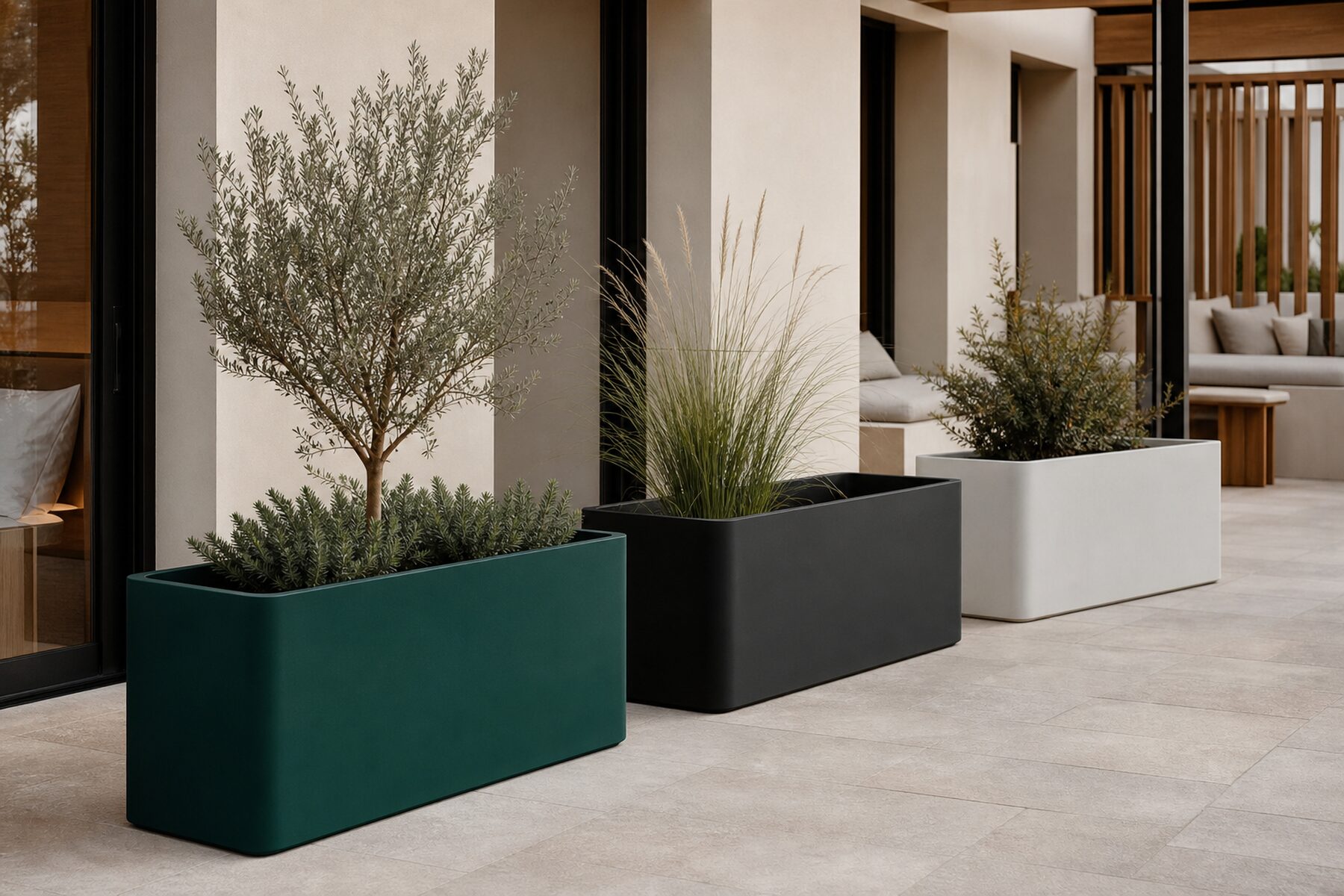 Macetas rectangulares largas de fibra de vidrio en verde oscuro, grafito y blanco mineral instaladas en una terraza contemporánea.