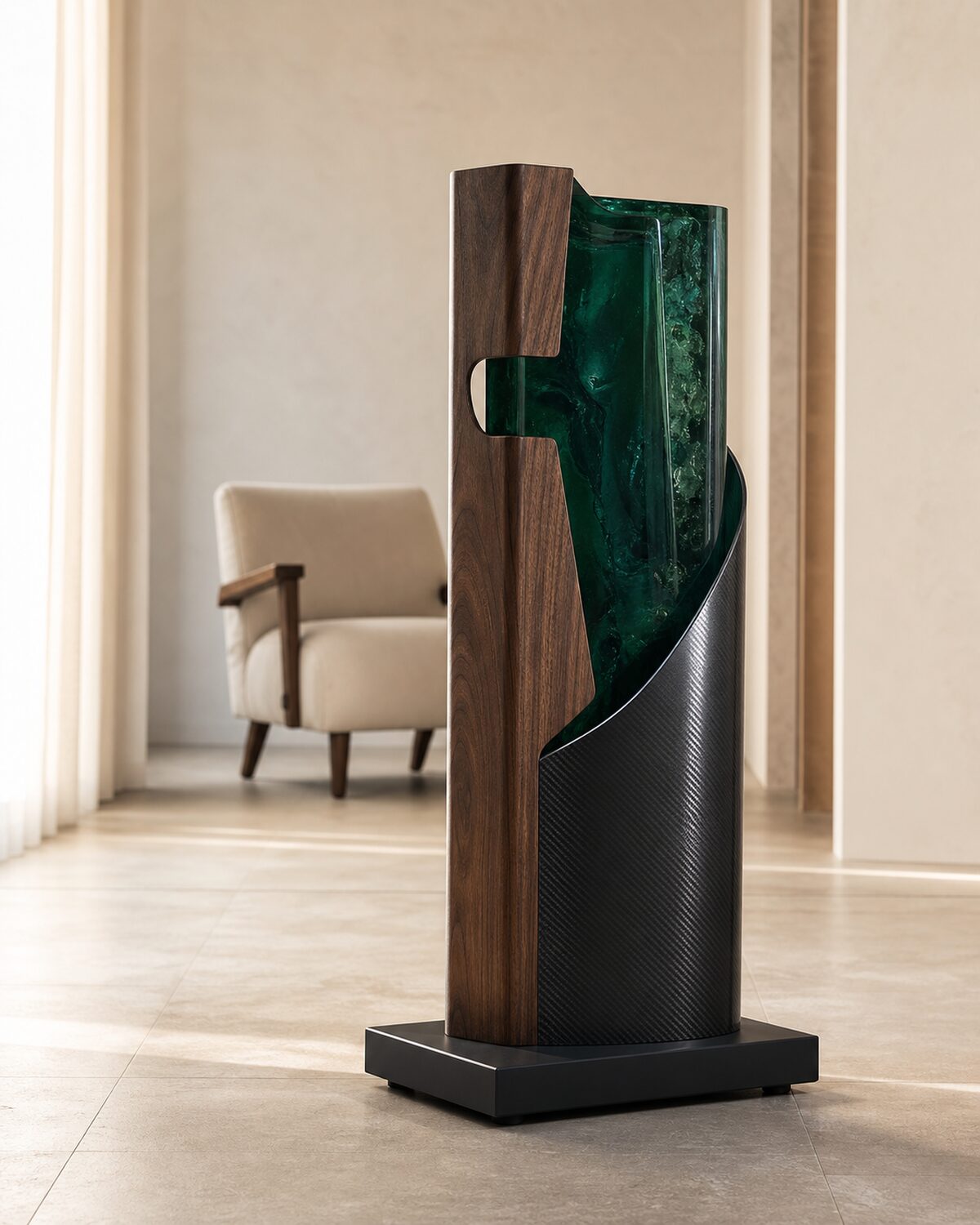 Pieza escultórica de resina verde, madera y fibra instalada en un interior contemporáneo de tonos cálidos.