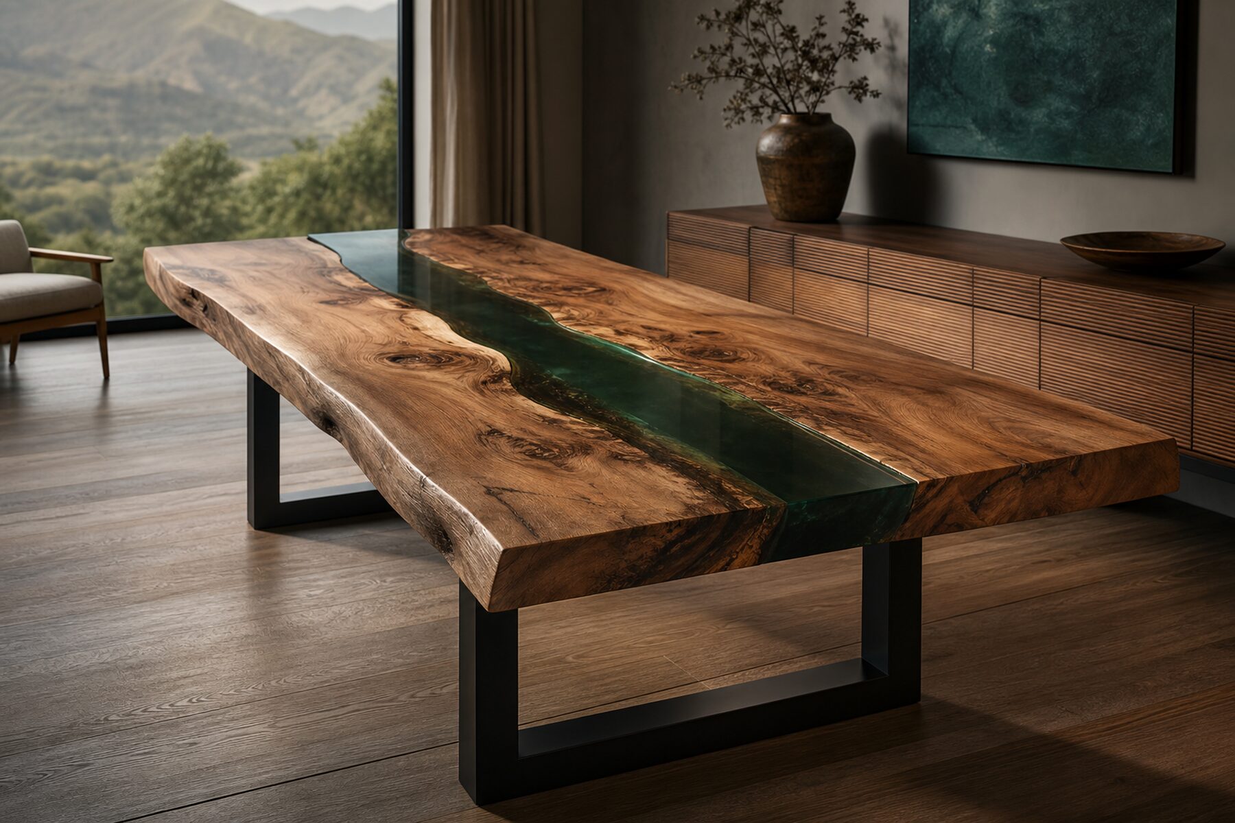 Mesa de comedor de madera tropical con río de resina verde oscuro y patas estructurales negras en un comedor contemporáneo.